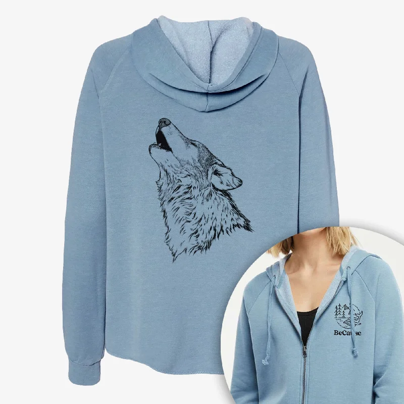 Canis lupus - Grey Wolf Howling - Women's Cali Wave Zip-Up Sweatshirt Hoodie with Hem Embroidery Detailed Premium