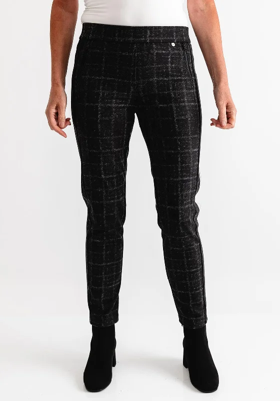 Robell Rita Check Print Slim Leg Trousers, Black Trousers Elastic Waist Soft