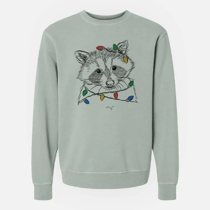 Christmas Lights Randy the Raccoon - Unisex Pigment Dyed Crew Sweatshirt Hoodie with Distressed Vintage Worn