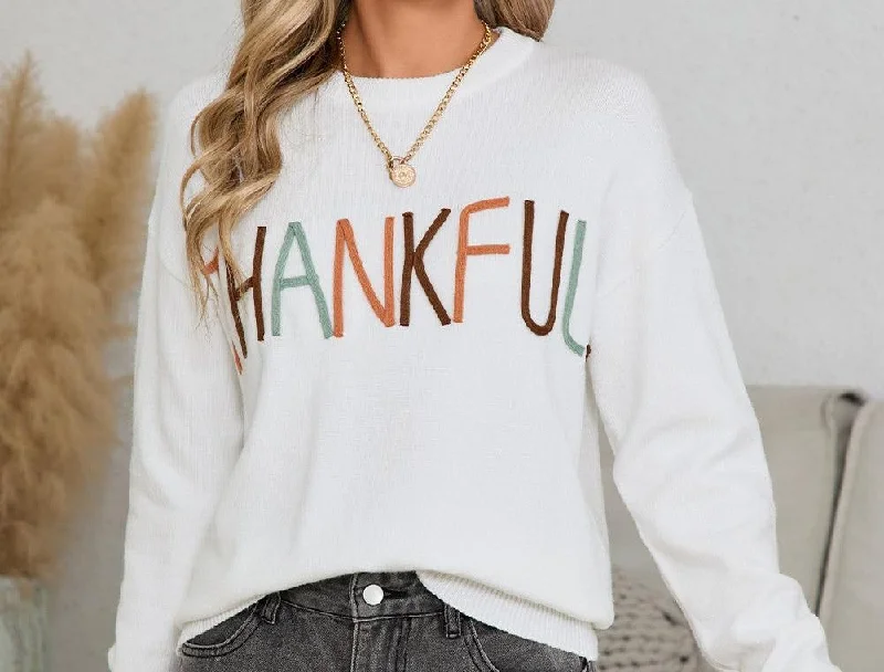 Thankful embroidered sweater Herringbone Houndstooth Plaid