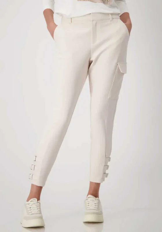 Monari Cargo Buckle Detail Trousers, Cream High Waist Slim Fit Ankle Length