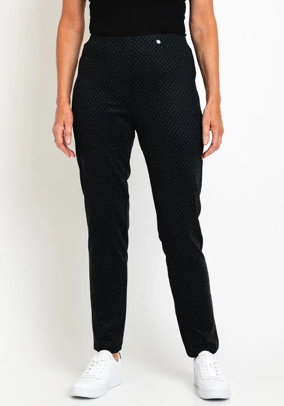 Robell Bella Full Length Slim Leg Print Trouser, Black Trousers Gym Athletic