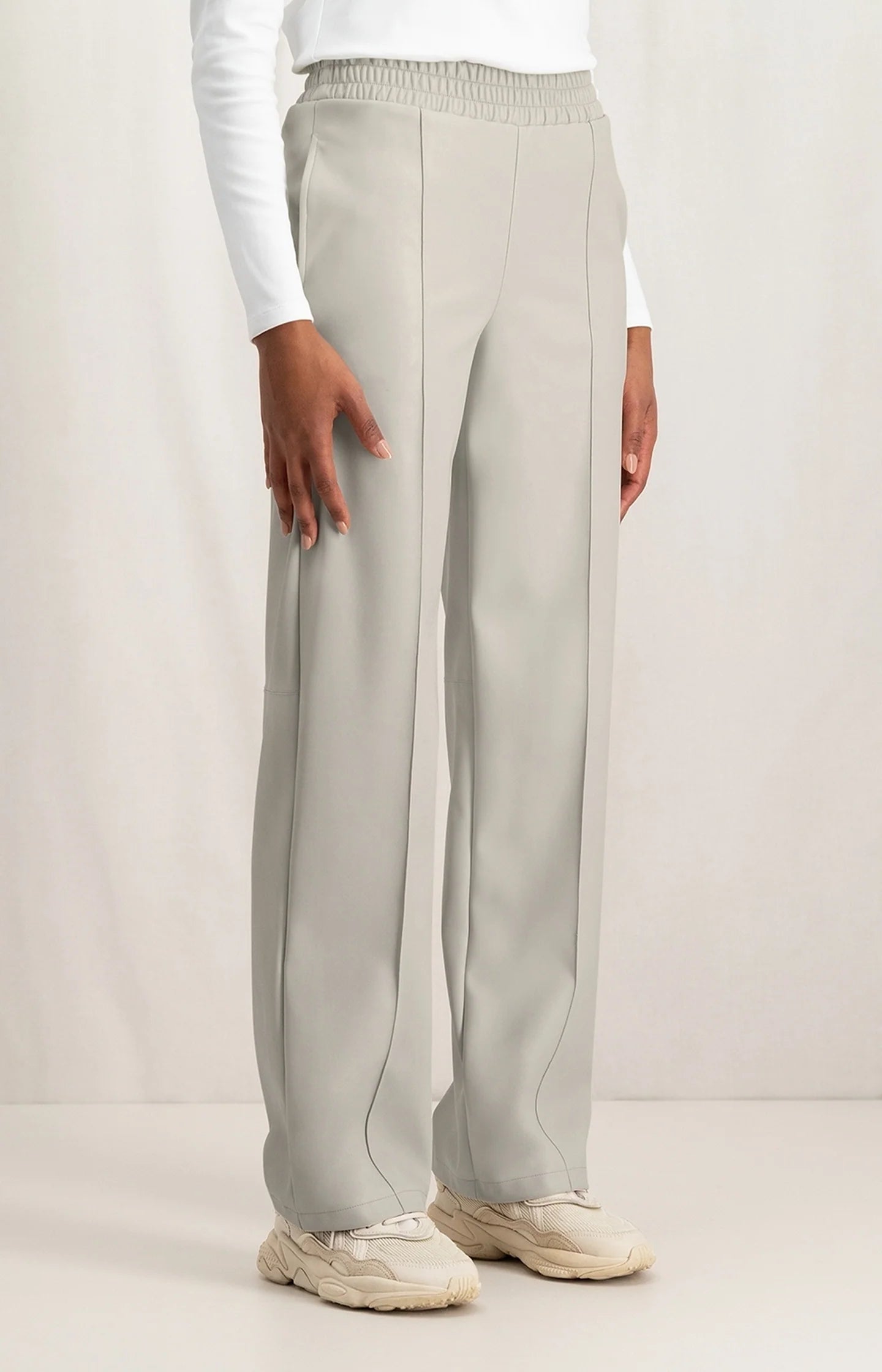 YAYA Faux Leather Wide Leg Trousers, Silver Lining Beige Trousers Recommended Stylist
