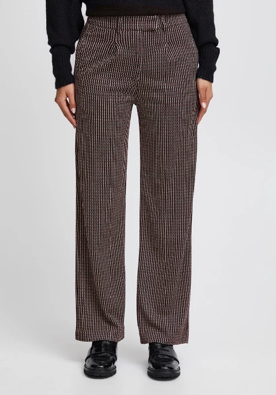 ICHI Houndstooth Straight Trousers, Black & Burgundy Trousers Velvet Soft