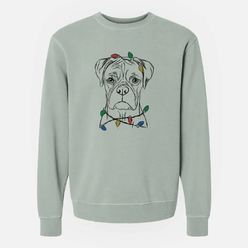 Christmas Lights Reese the Boxer - Unisex Pigment Dyed Crew Sweatshirt Hoodie with Hem Fringe Bohemian Relaxed
