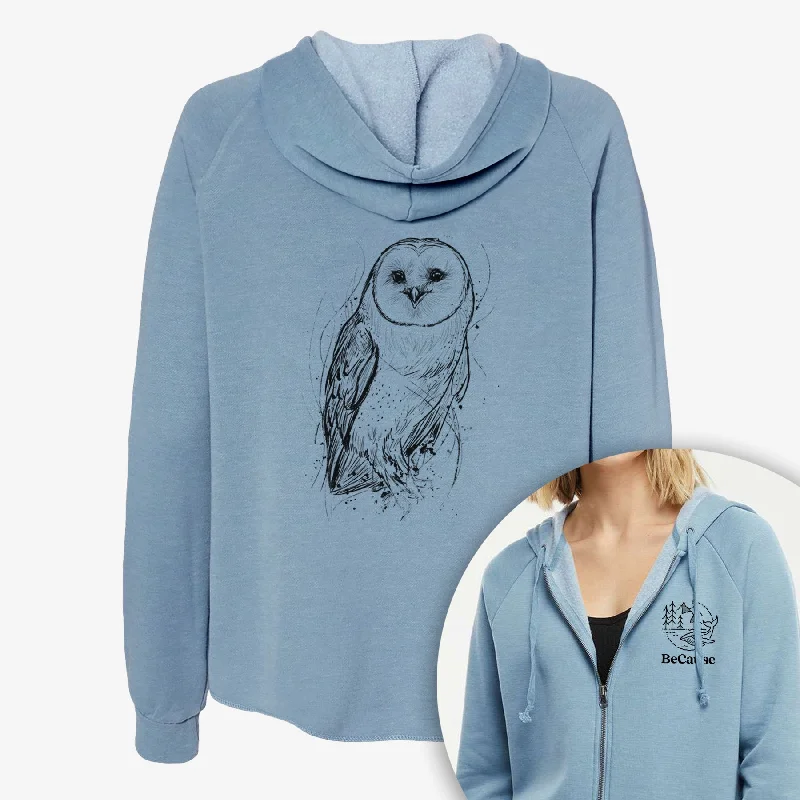 Barn Owl - Tyto alba - Women's Cali Wave Zip-Up Sweatshirt Hoodie with Slit Hem Functional Movement
