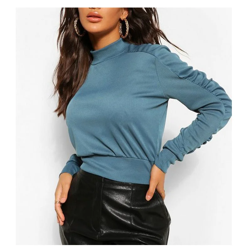 ZC00903 2021 Fashion Wear Ladies Elegant Ruched Long Sleeve O-Neck Blouses Shirt Crop Top Solid Print Embellished