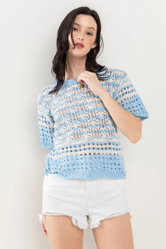 IVORY BLUE EYELET SHORT SLEEVES KNITTING SWEATER CFTIU13578 Elasticated Padded Insulated