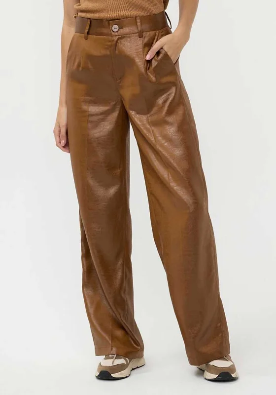 Esqualo Metallic Faux Crinkle Leather Trousers, Tan Trousers Denim Distressed