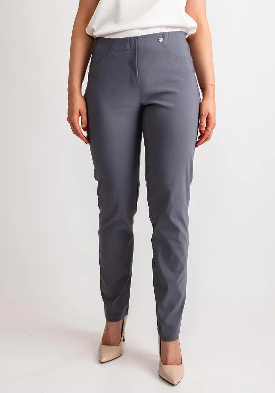 Robell Bella Full Length Stretch Trousers, Smoke Blue Trousers Print Floral
