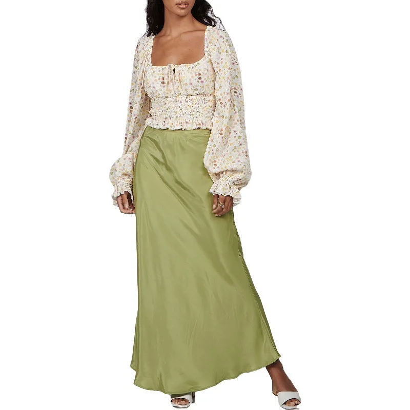 Charlie Holiday Bobby Women's Printed Smocked Crop Top with Blouson Sleeves Collared Crew Neck Turtle Neck