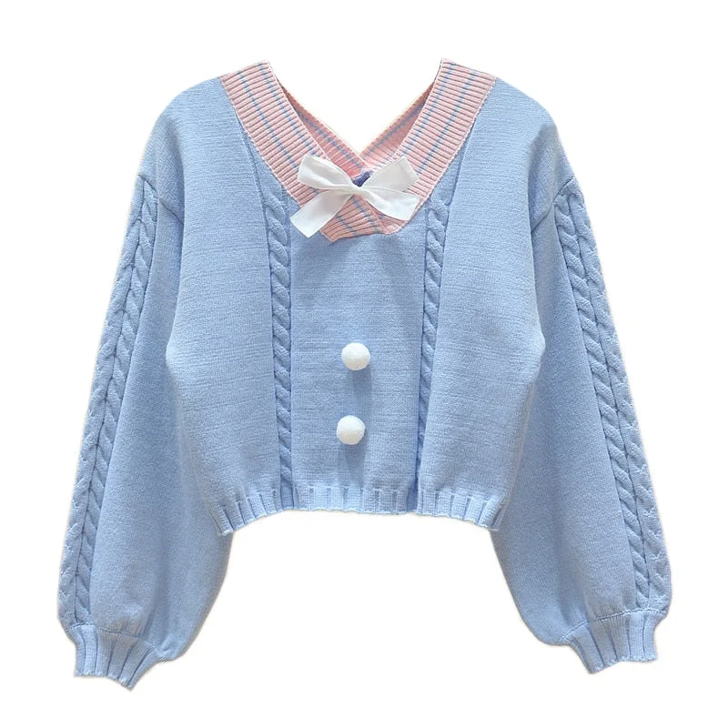 Women Pullover Sweater | V Neck White Pink Blue Yellow Short Sweater | Crop Top Sweater | Kawaii Bow Short Sweater | Korean Style Sweater Zippered Front Buttoned Front Snap Front
