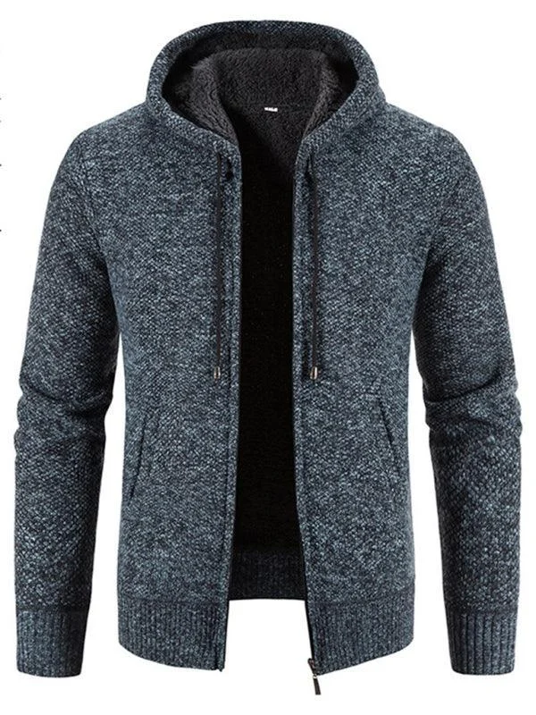 Hooded Zipper Men Cardigan Sweater Real Fur Shearling Chenille
