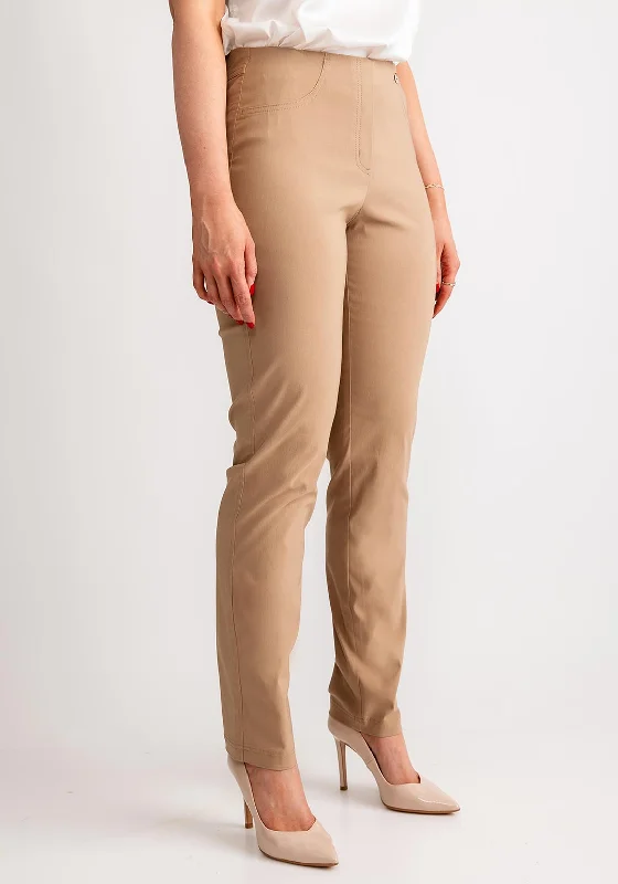 Robell Bella Full Length Stretch Trousers, Sand Beige Trousers Plaid Checkered