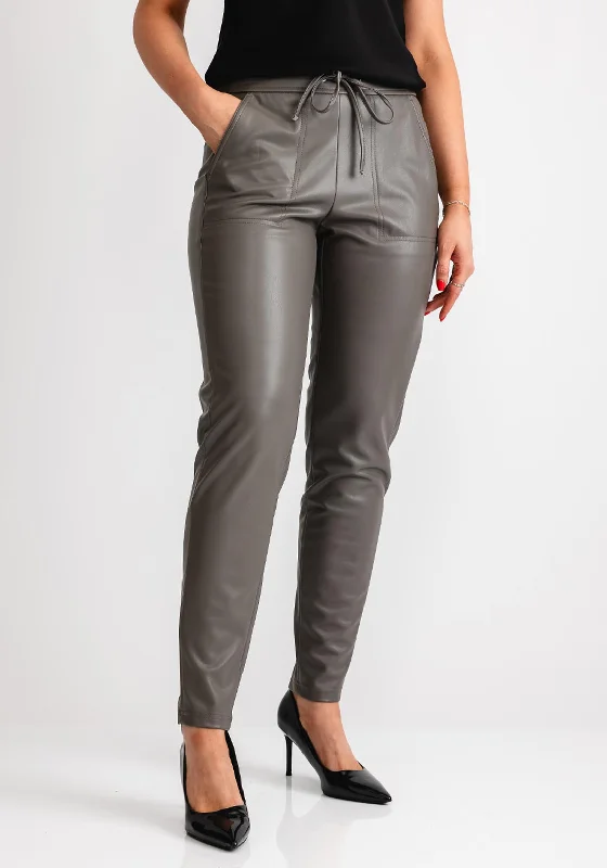 Robell Hygge Wet Look Drawstring Waist Slim Trouser, Grey Trousers Handmade Artisanal