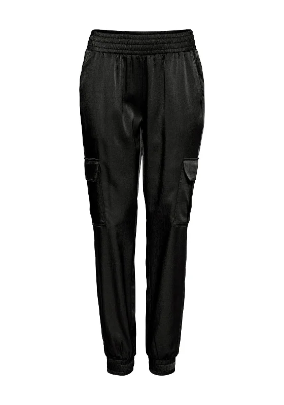 Fransa Satin Feel Jogger Style Trouser, Black Trousers Tapered Slim Fit