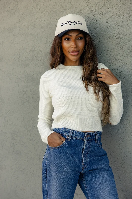 The Manuscript Cropped Sweater Mesh Sweater Canvas Denim