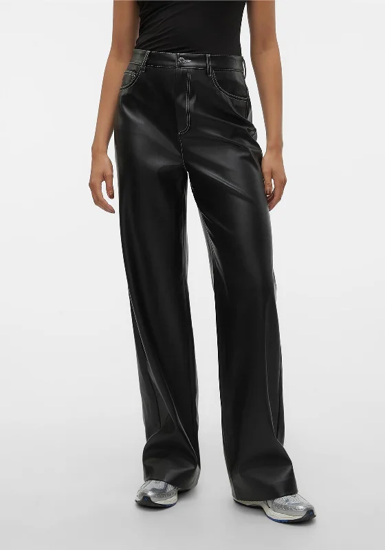 Vero Moda Daisy Faux Leather Wide Leg Trousers, Black Trousers Denim Blue