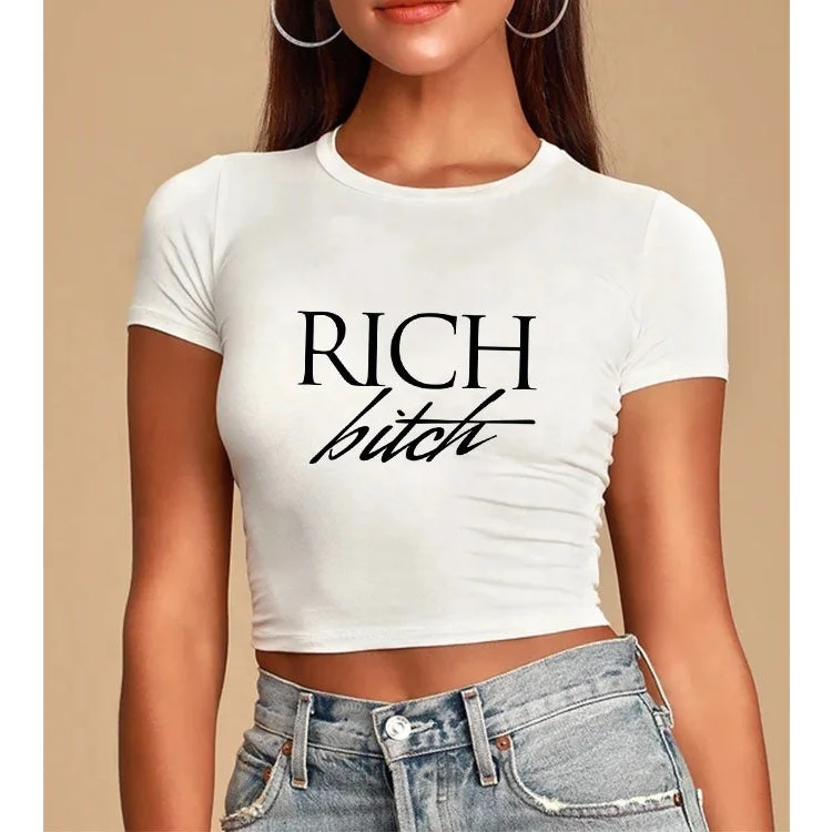 High Quality Round Collar Customized Printed Crop Top   Lady 100% Polyester Women Cropped T-shirt Hooded Caped Shawl Collar