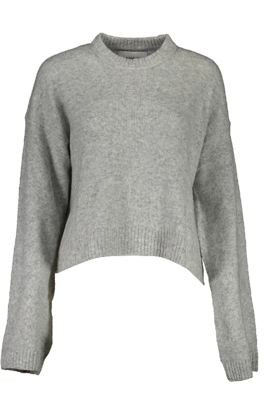Gray Wool Women Sweater Beaded Sweater Sequined Faux Fur