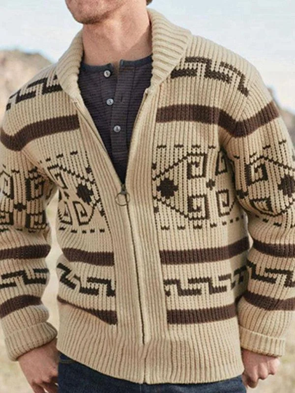 Lapel Jacquard Men Cardigan Sweater Elasticated Padded Insulated