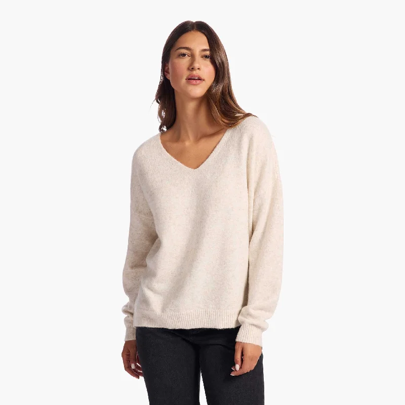 Cozy Knit V-Neck Sweater | Heather Bone Zippered Buttoned Snapped