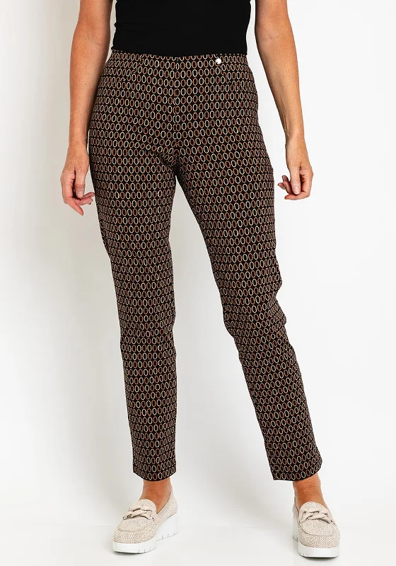 Robell Bella Full Length Slim Leg Print Trouser, Brown Trousers Office Stylish