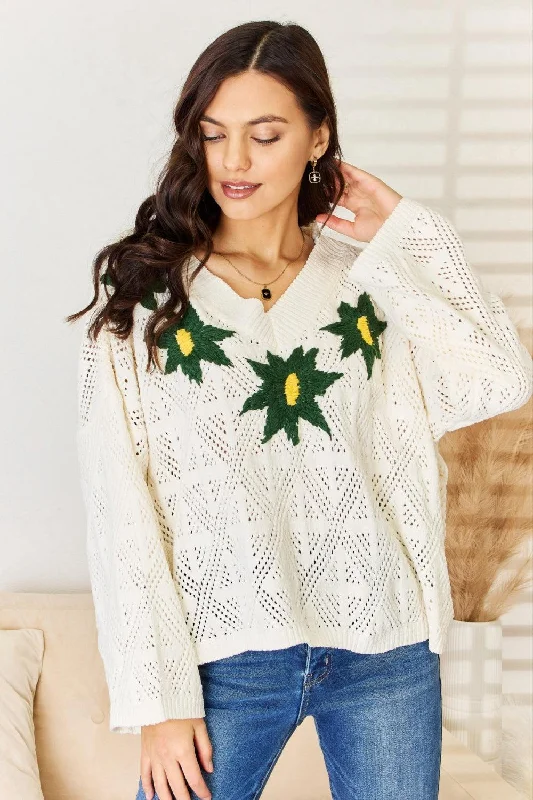POL Floral Embroidered Pattern V-Neck Sweater Satin Blend Silk Blend Wool Blend