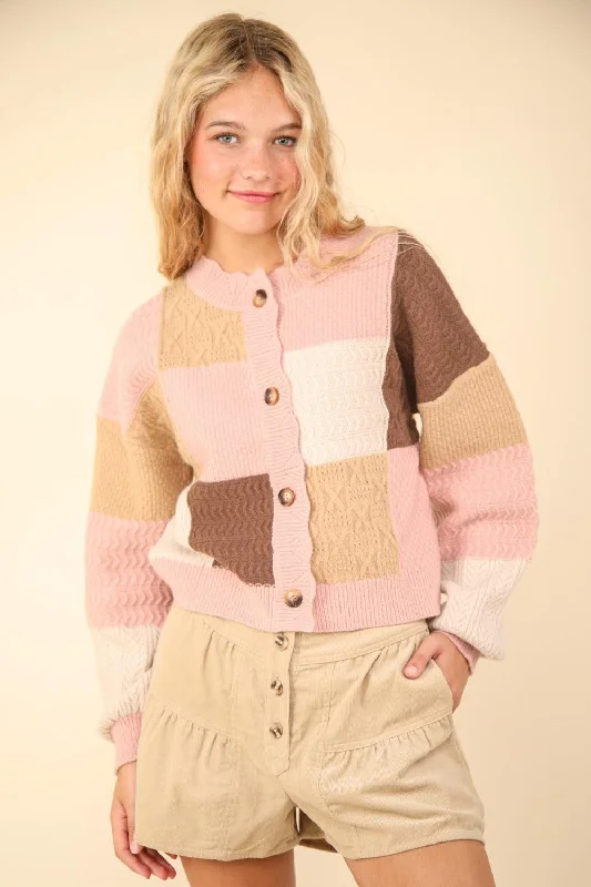 VERY J Color Block Button Down Textured Sweater Cardigan Slim Fit Regular Fit Oversized