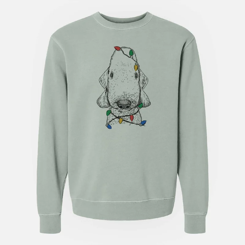Christmas Lights Remington the Bedlington Terrier - Unisex Pigment Dyed Crew Sweatshirt Hoodie with Distressed Vintage Worn