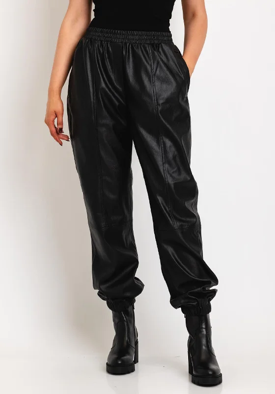 ICHI Cenobi Coated Jogger Trousers, Black Trousers Leather Faux