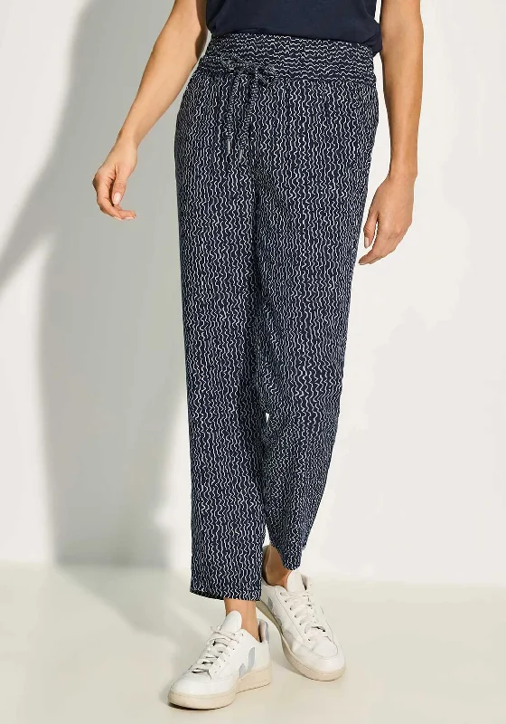 Cecil Printed Slim Leg Elastic Waist Trousers, Navy Trousers Ceremony Elegant