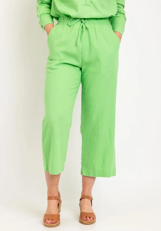Freequent Lava Linen Cropped Trousers, Bud Green Wide Leg Loose Fit Mid Waist