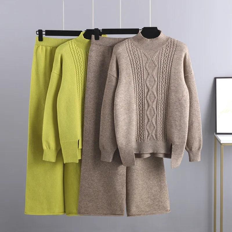 3 Piece Cashmere Women Pants Sweater Set Stretchy Elastic Breathable