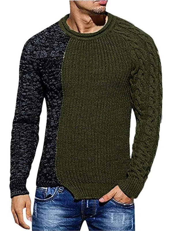 Patchwork Round Neck Pullover Men Sweater Mesh Fabric Canvas Fabric Denim Fabric