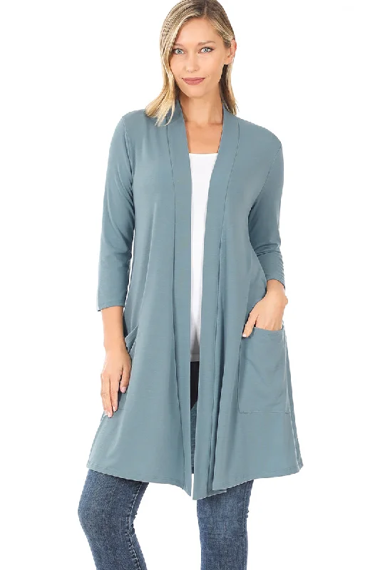 Zenana Womens 3/4 Quarter Sleeve Slouchy Pocket Open Cardigan Front Pockets Side Pockets Patch Pockets