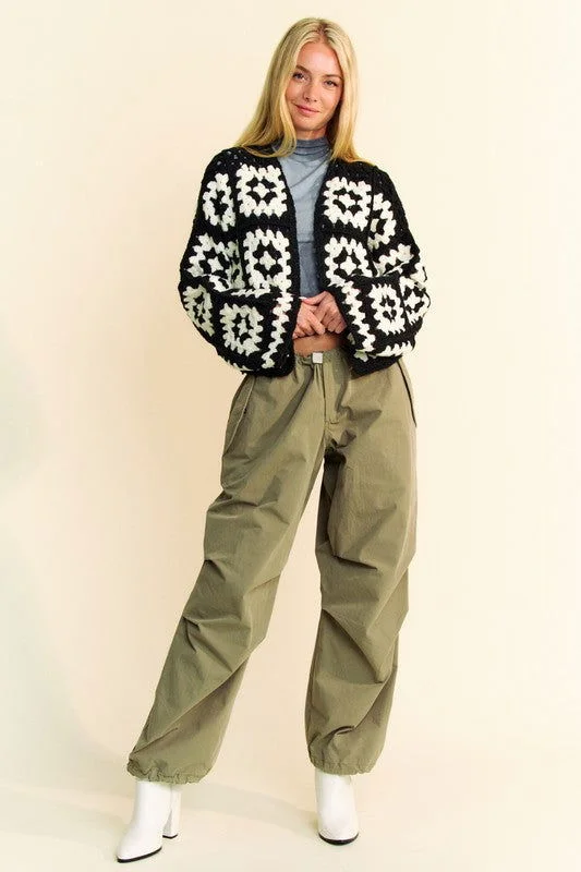 Davi & Dani Two Tone Flower Square Crochet Open Front Cardigan Houndstooth Herringbone Solid