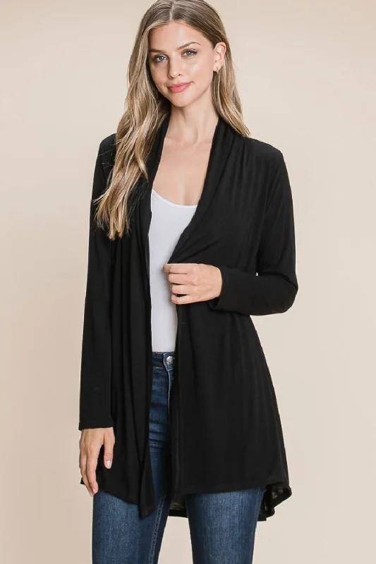 BOMBOM Open Front Long Sleeve Cardigan Notch Collar Peter Pan Collar Cowl Neck