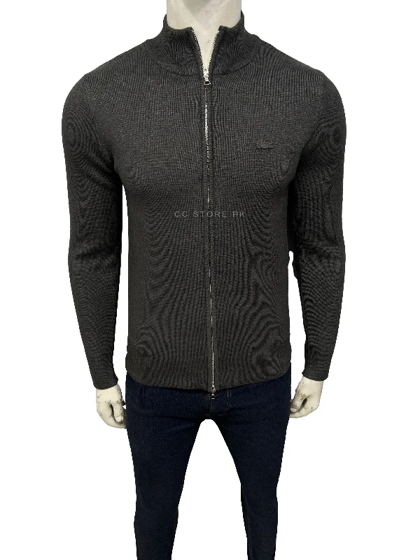 Lacoste High Neck Zipped Wool Grey Cardigan Embroidered Appliqued Beaded