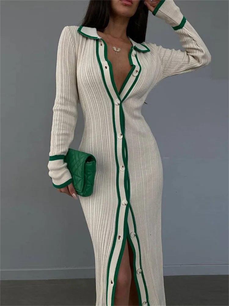 Wjczt Patchwork Slim V-Neck Dress Cardigan For Women Contrast Long Sleeve High Street Maxi Dress Female Elegant Party Dress 2023 Nylon Fabric Polyester Fabric Spandex Fabric