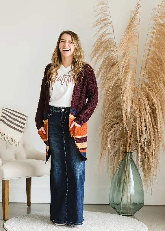 Open Front Long Striped Cardigan Casual Formal Business