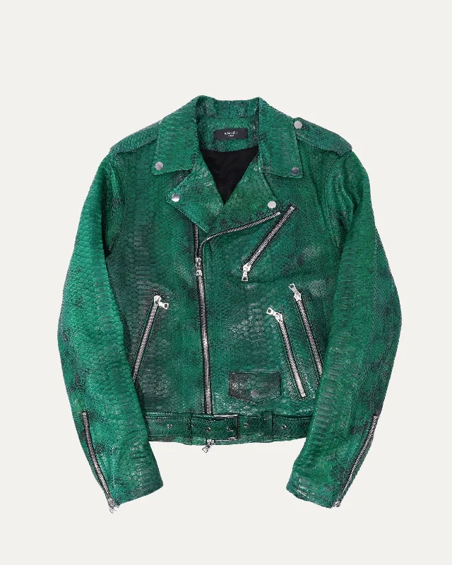 Python Leather Biker Jacket Welt Pockets Slit Pockets Flap Pockets