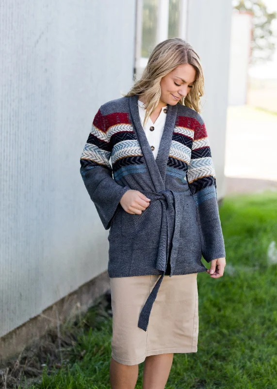 Aztec Belted Long Sleeve Cardigan - FINAL SALE Oversized Loose Flowy