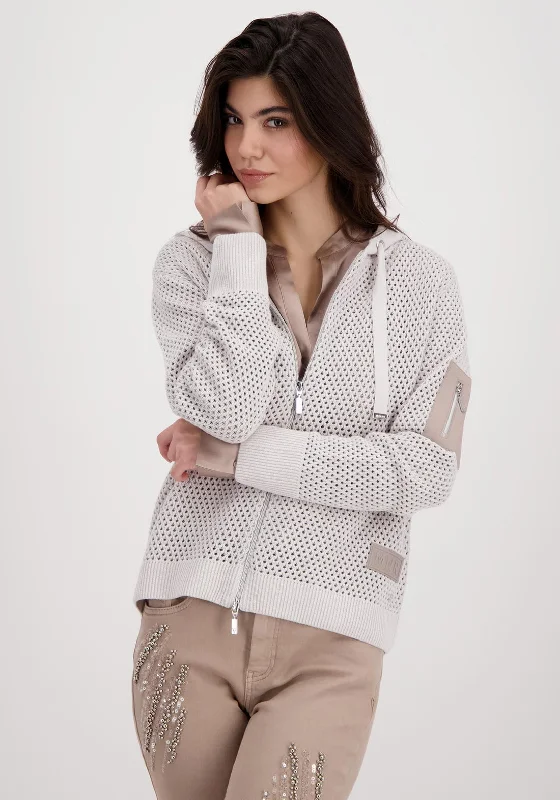 Monari Crochet Knit Full Zip Cardigan, Grey Real Fur Shearling Chenille