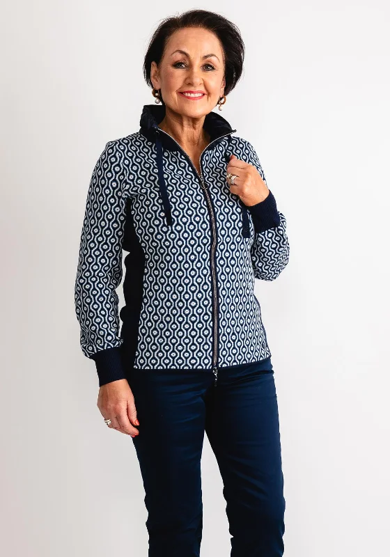 Olsen Eva Zip Up Knitted Cardigan, Navy Multi Open Front Closed Front Wrap Front