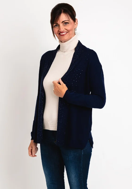 Natalia Collection One Size Diamante Waterfall Fine Knit Cardigan, Navy Plaid Cardigan Polka Dot Checkered