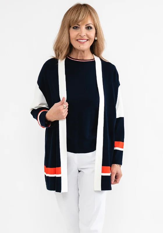 Badoo Long Knit Cardigan, Navy & White Patchwork Embroidered Appliqued