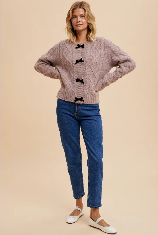 Bow Accent Cable Knit Cardigan - Mink Patchwork Embroidered Appliqued
