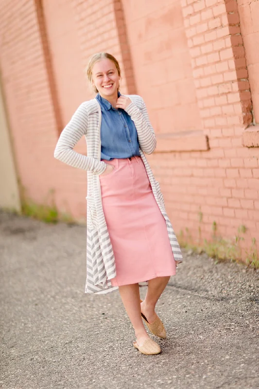 Striped Front Pocket Duster Cardigan Spandex Blend Rayon Blend Denim Blend