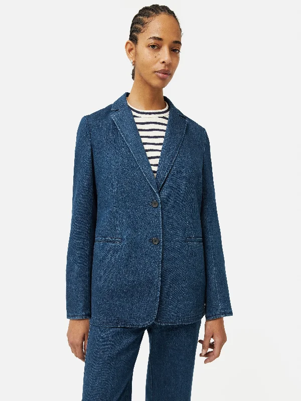 Denim Tailored Jacket | Indigo Print Jacket Jacquard Jacket Patchwork Jacket
